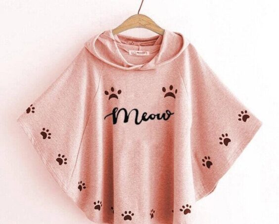 Round Style Meow Printed Hooded Poncho - Image 2